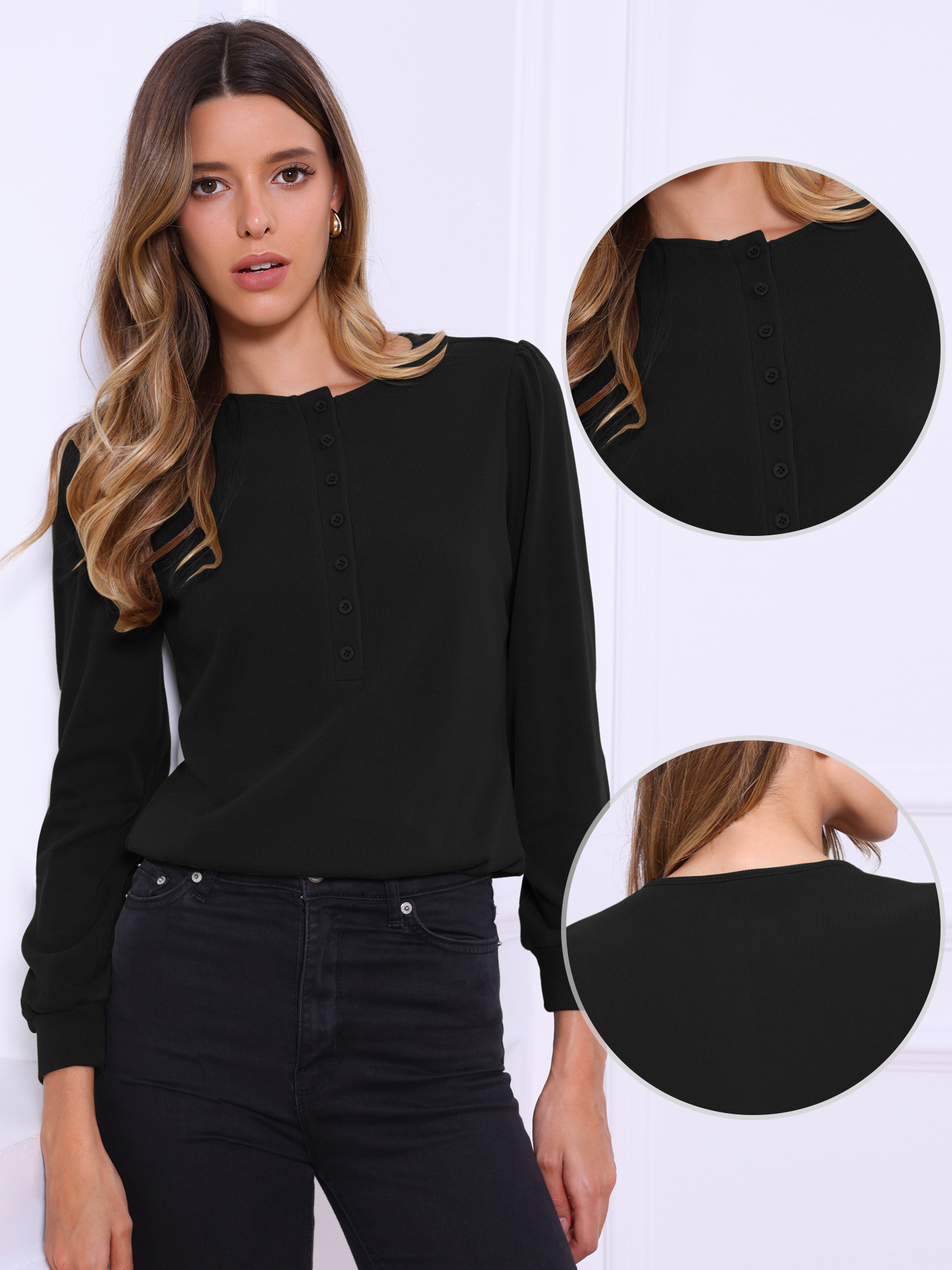 DARING DIVA Women's Long Sleeve Henley Crew Neck Tops Shirt Blouses S Black
