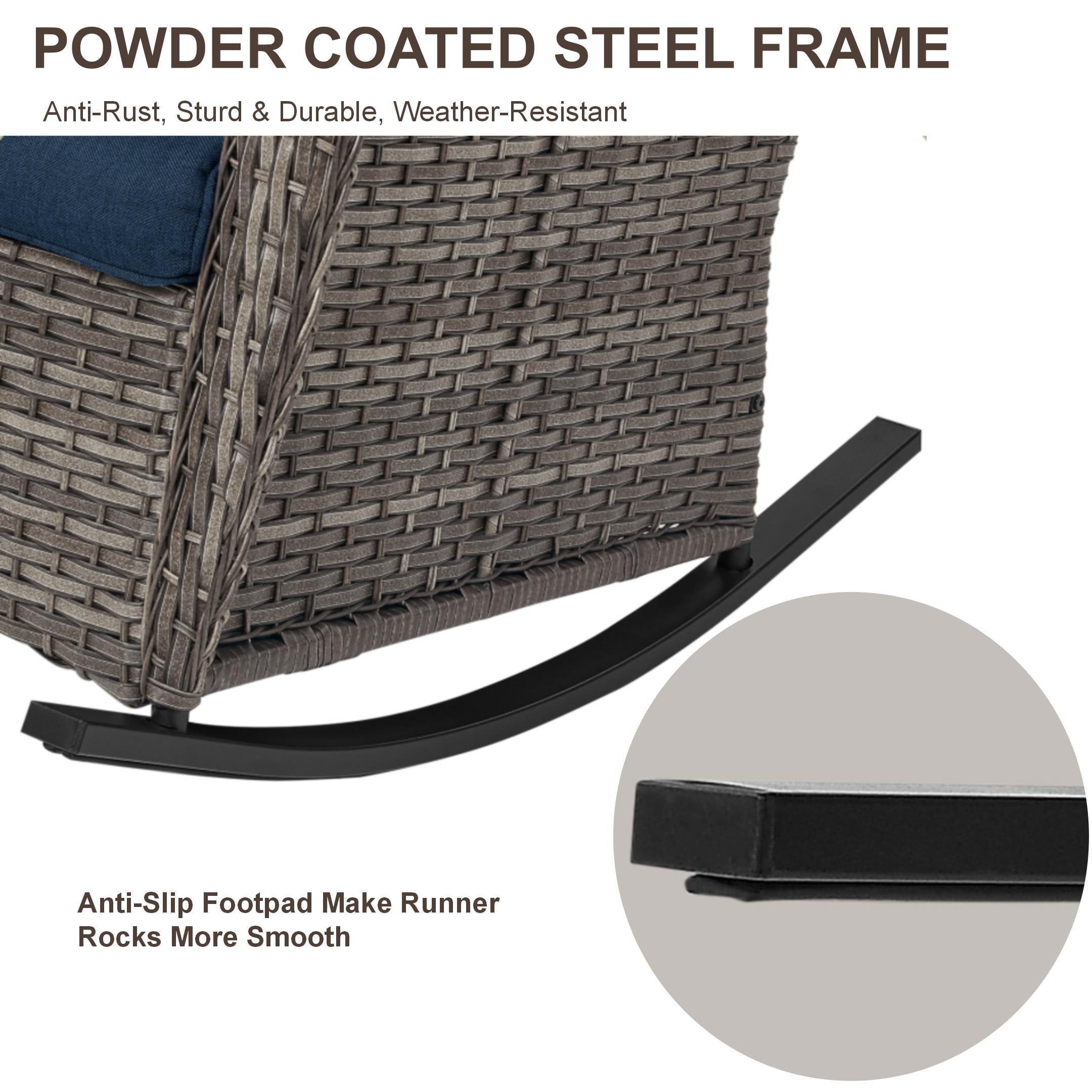 PARKWELL Outdoor Wicker Rocking Chair - 3 Piece Rattan Patio Bistro Set 2 Rocker Chairs and Glass Coffee Side Table - Set of 3 - Blue