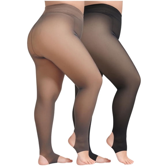 Kilaqueen 2 PC Plus Size Fleece Lined Tights for Women Fake Translucent Thermal Pantyhose Casual Tummy Control Lightweight Leggings