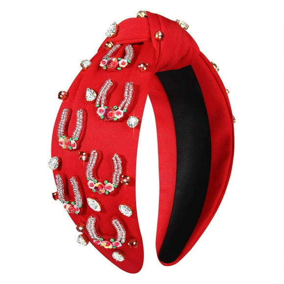 Mokkia Diadema de herradura con cuentas de cristal y diamantes de imitación para mujer, accesorio para el pelo Derby con nudo superior rojo