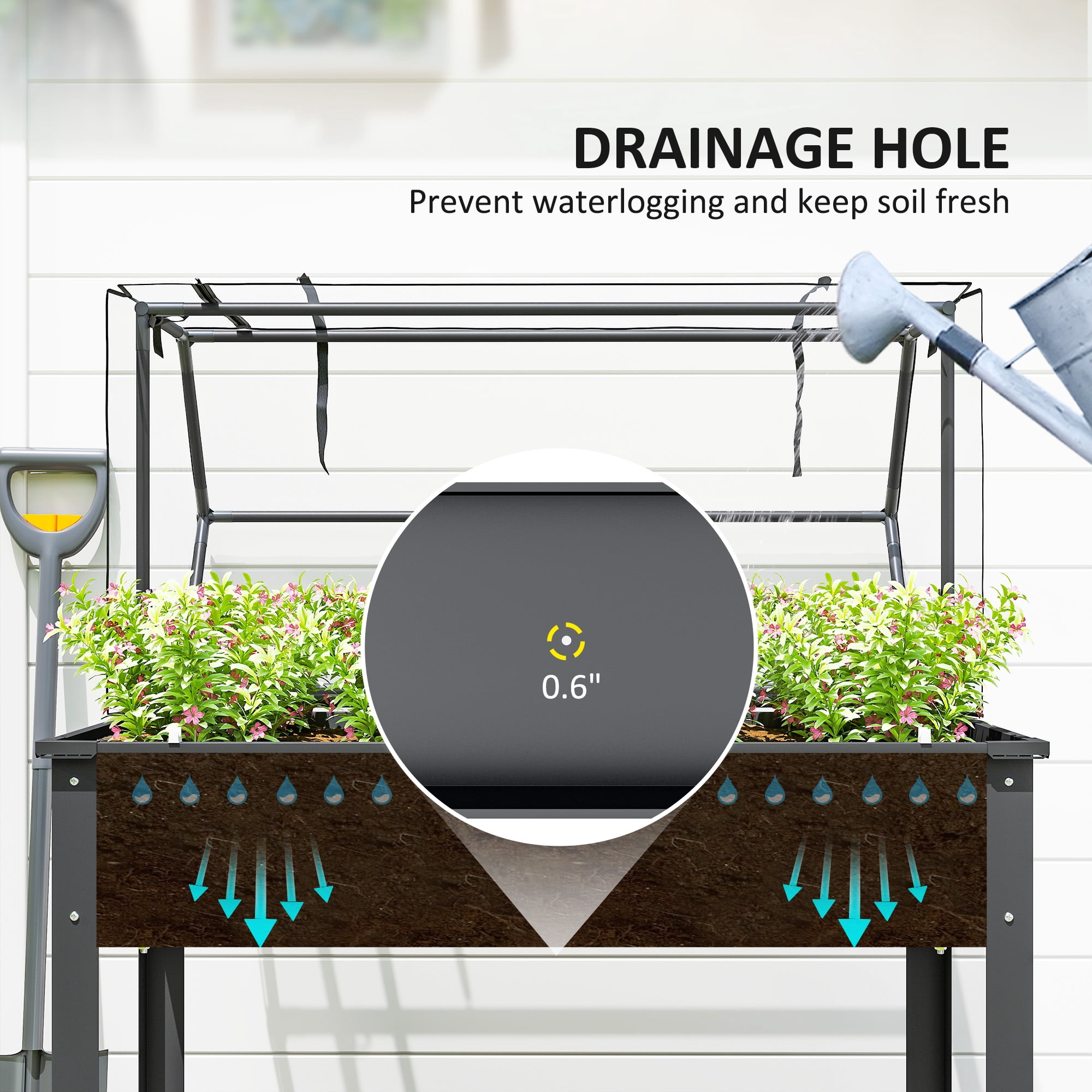 Outsunny Raised Garden Bed with Greenhouse Cover, Elevated Garden Box with Legs and Drainage Hole for Vegetables, Dark Gray