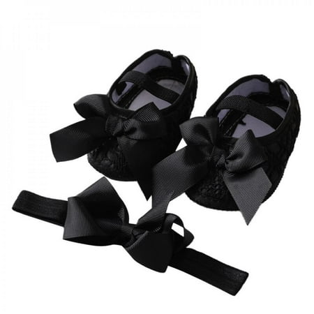 

Hazel Tech child Girl Satin Cloth Bowknot Princess Shoes Toddler Soft Sole Walking Shoes Headband Set