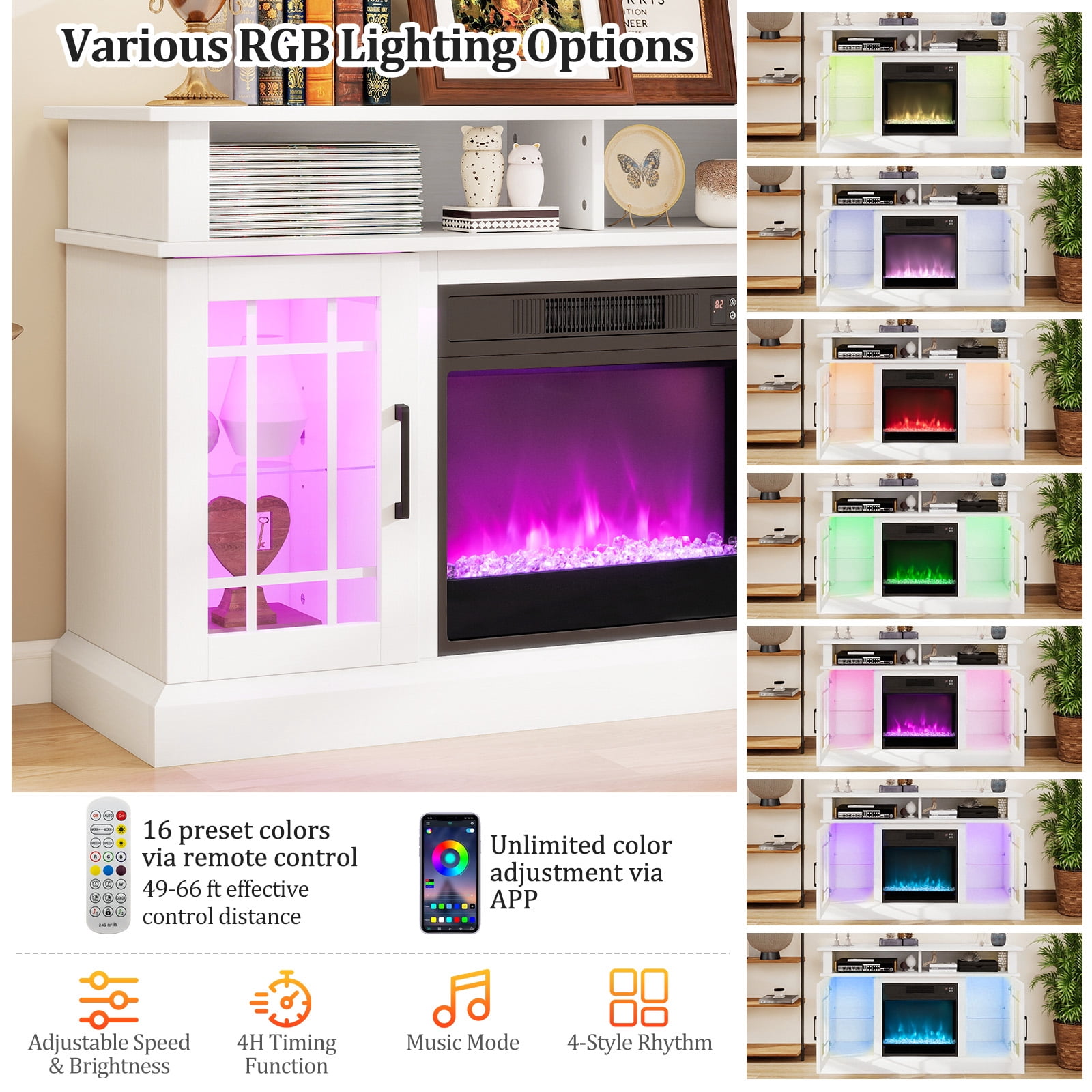 Costway TV Stand with Electric Fireplace LED Lights Remote Controls Storage Cabinets for TVs Up to 55 Inches White