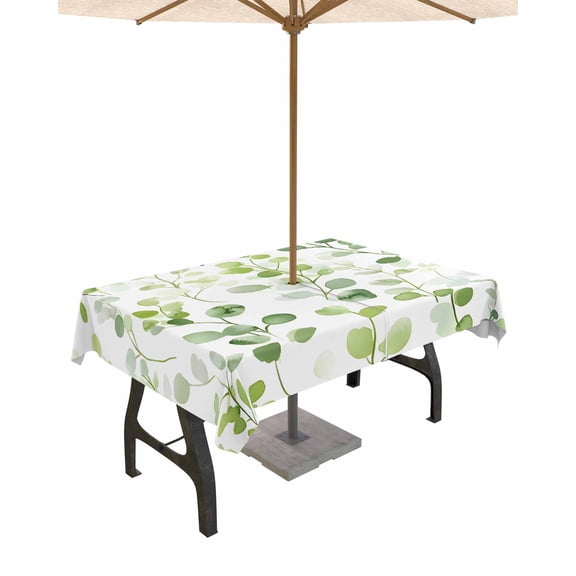 nqOlkjepod Spring Botanical Green Outdoor Tablecloth with Umbrella Hole & Zipper, Elegant Summer Leaf Rectangle Table Cover 54x80 Inch, Dining Waterproof Table Cloth Protector for Patio/Party/Picnic