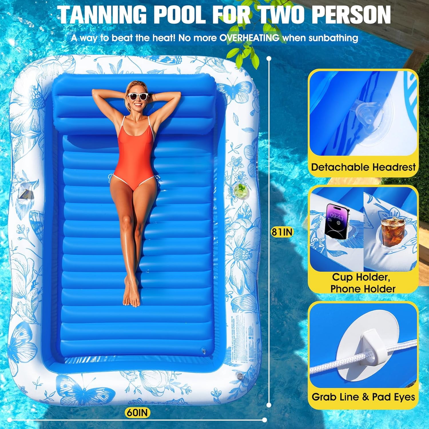 Inflatable Tanning Pool Lounger with Canopy,81"x 60" Large Tanning Floats for Adults,2025 Butterfly Pool Lounger Float,Blow Up Tanning Water Bed with Cup&Phone Holder,Adults Tanning Pools