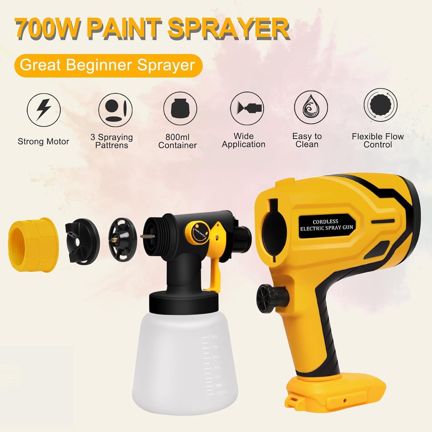 Paint Sprayer for Dewalt 20V MAX Battery, HVLP Spray Paint Gun with Motor and Copper Nozzle,600W Cordless Paint Sprayer for Home Interior and Exterior, House Painting(Tool Only)