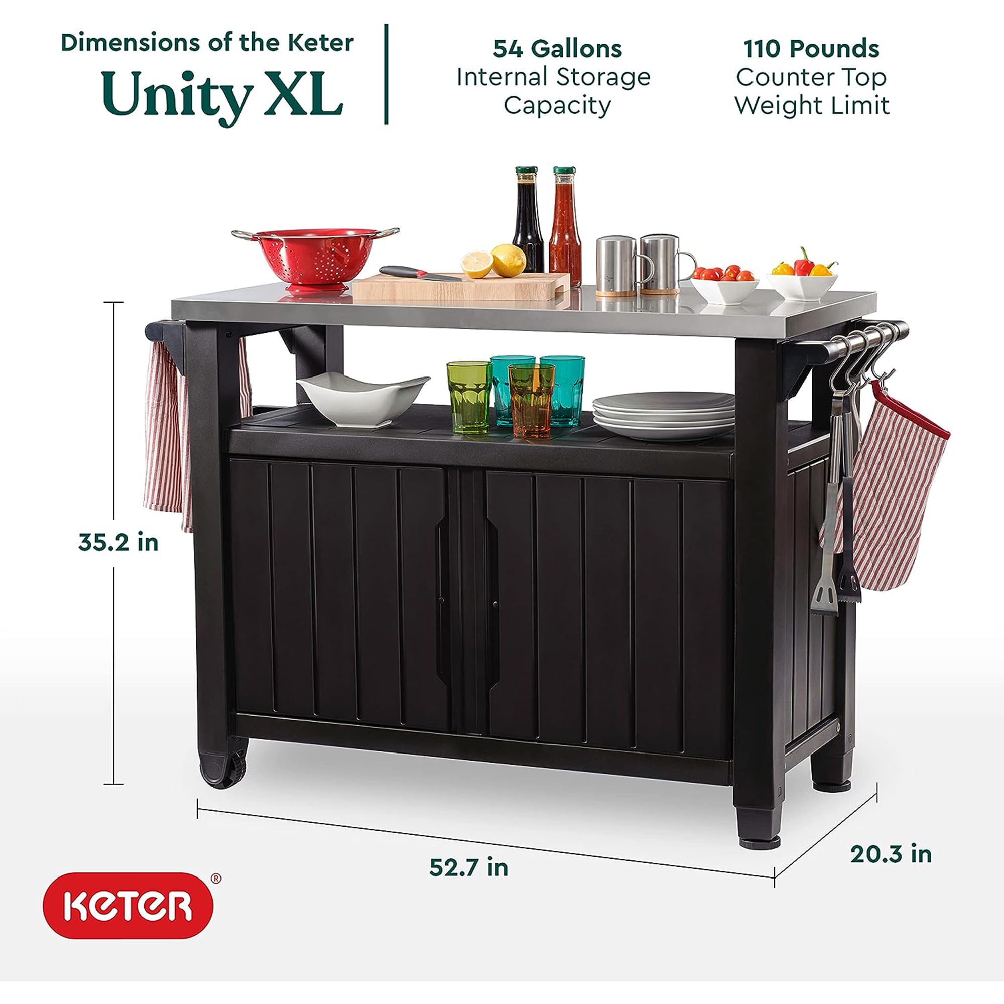 Keter Unity XL Cabinet, Outdoor Bar Rolling Cart with Storage Brown Kitchen