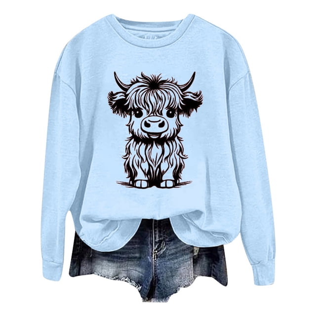 WEAIXIMIUNG Chandails en Molleton à Col Rond pour Femmes, Designs Mignons, Chandail en Molleton d'Automne et d'Hiver 2025, Col Rond, Mode Imprimé Vache, Manches Longues, Mode Décontractée, Haut de Sortie