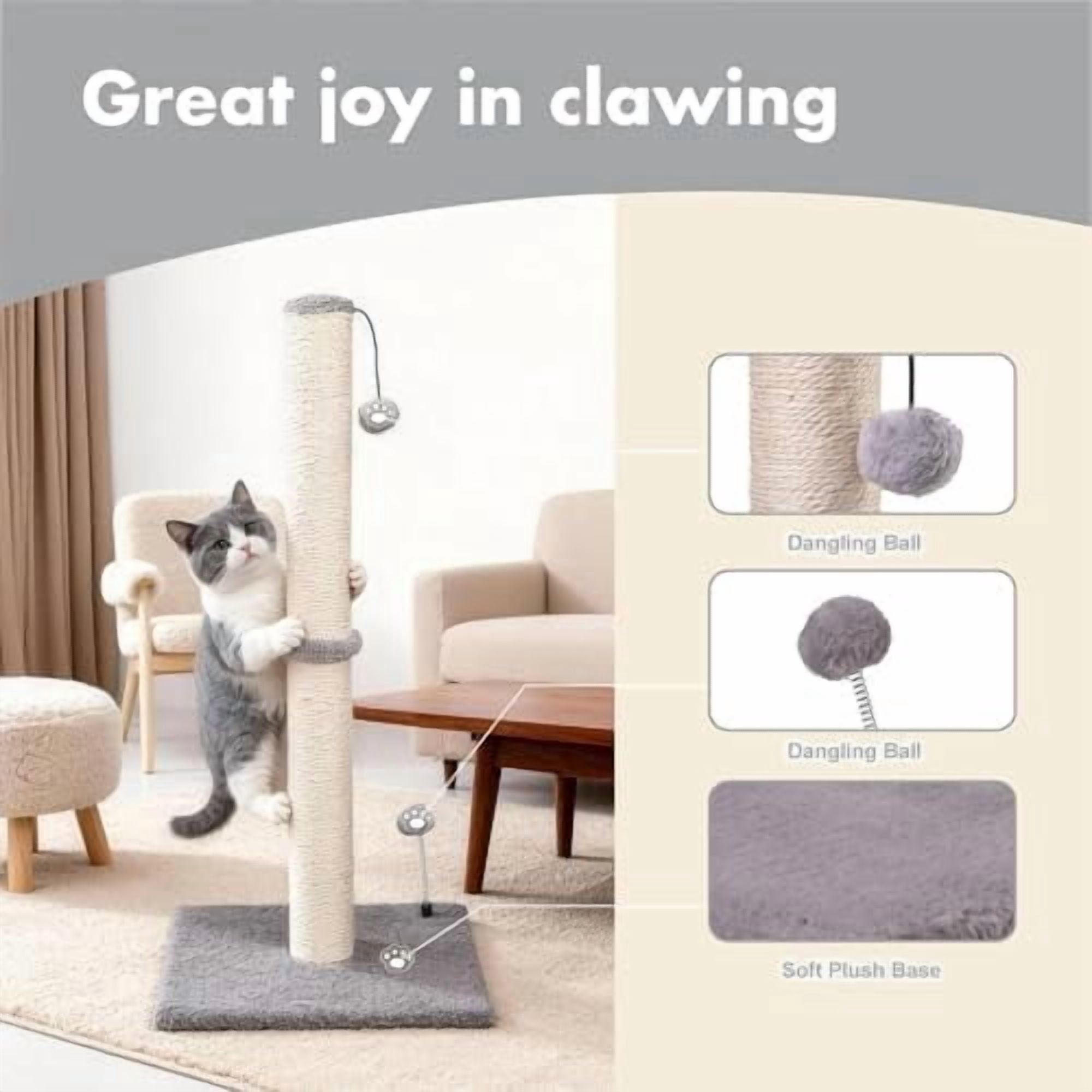 34“ Tall Cat Scratching Post Premium Basics Kitten Scratcher Sisal Scratch Posts Trees with Hanging Ball for Indoor Cats, Gray