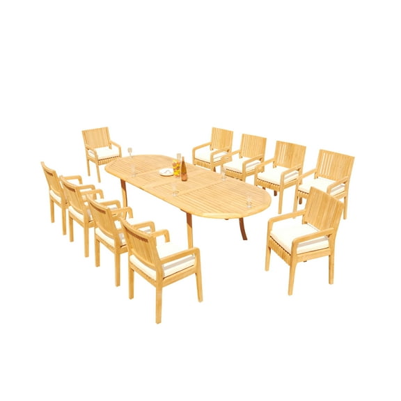 Grade-A Teak Dining Set: 10 Seater 11 Pc: 118" Oval Table And 10 Maldives Arm Chairs Outdoor Patio WholesaleTeak #51ML2611