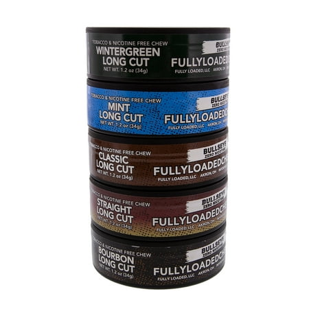 Fully Loaded Chew Tobacco and Nicotine Free Sampler Pack Bullseye Long Cut 5 Varieties of Flavor, Chewing Alternative, Beer Cozy (Best Way To Store Chewing Tobacco)