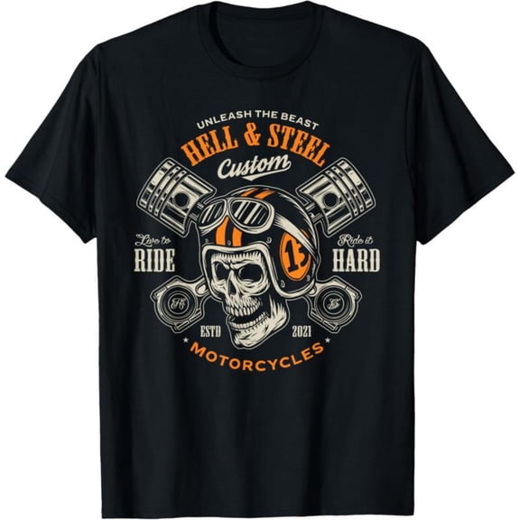 Motorcycle - Themed Printed Tee,Tops Features "HELL & STEEL Custom MOTORCYCLES" Text with Skull, Piston Illustration, Round Neck Regular Fit T - shirts, Size(S - 5XL)