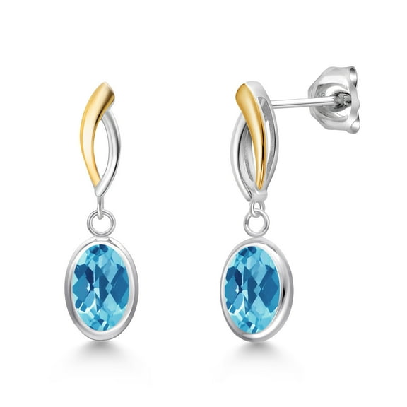 Gem Stone King 925 Silver and 10K Yellow Gold Swiss Blue Topaz Earrings for Women | 2.60 Cttw | Gemstone November Birthstone | Oval Checkerboard 8X6MM