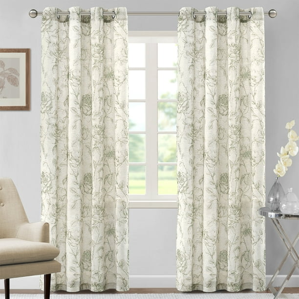 Innerwin Curtains Grommet Voile Window Curtain Semi Sheer Linen Textured  Light Filtering Long Treatments Luxury Privacy Gray and Green 52 x 54 in 