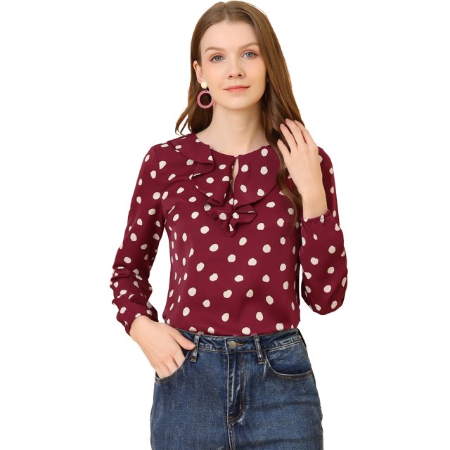 Unique Bargains Women's Ruffle Neck Long Sleeve Polka Dots Blouse Shirt