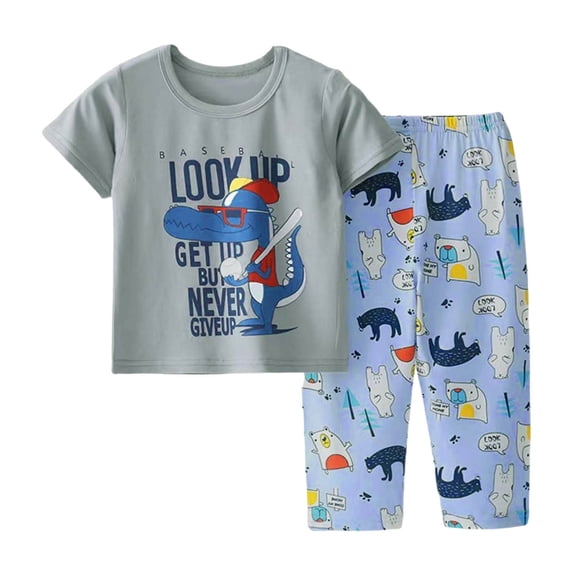 Bobifish Boys Sleepwear Set 2pcs Short Sleeve Home Wear Crewnwck Tops & Elastic Waist Long Pants Cute Cartoon Print Kids Home Wear Set,sizes 5-6