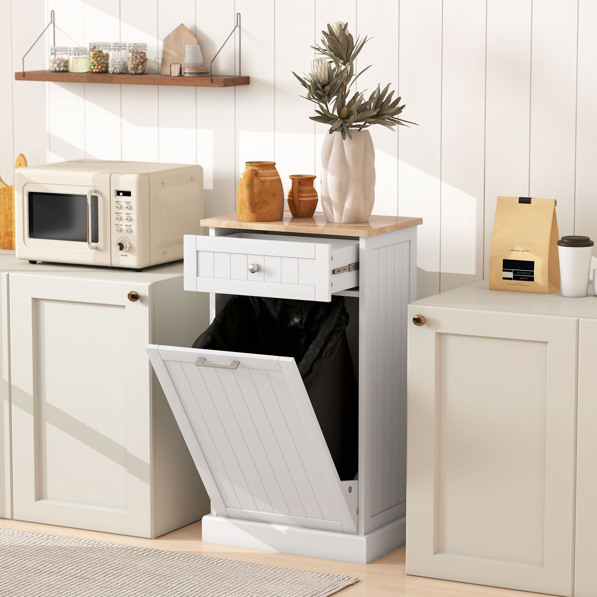 Tilt Out Trash Bin Cabinet with Drawer, Free Standing Recycling Can Holder, MDF and Wood, 20 in W x 13.25 in D x 35.5 in H, 10 Gallon Capacity, White