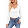 thumbnail image 2 of Long Sleeve Shirts for Women Fall Fashion V Neck Basics Crop Tops Slim Fitted Y2K Tops Outfits Clothes White S, 2 of 10