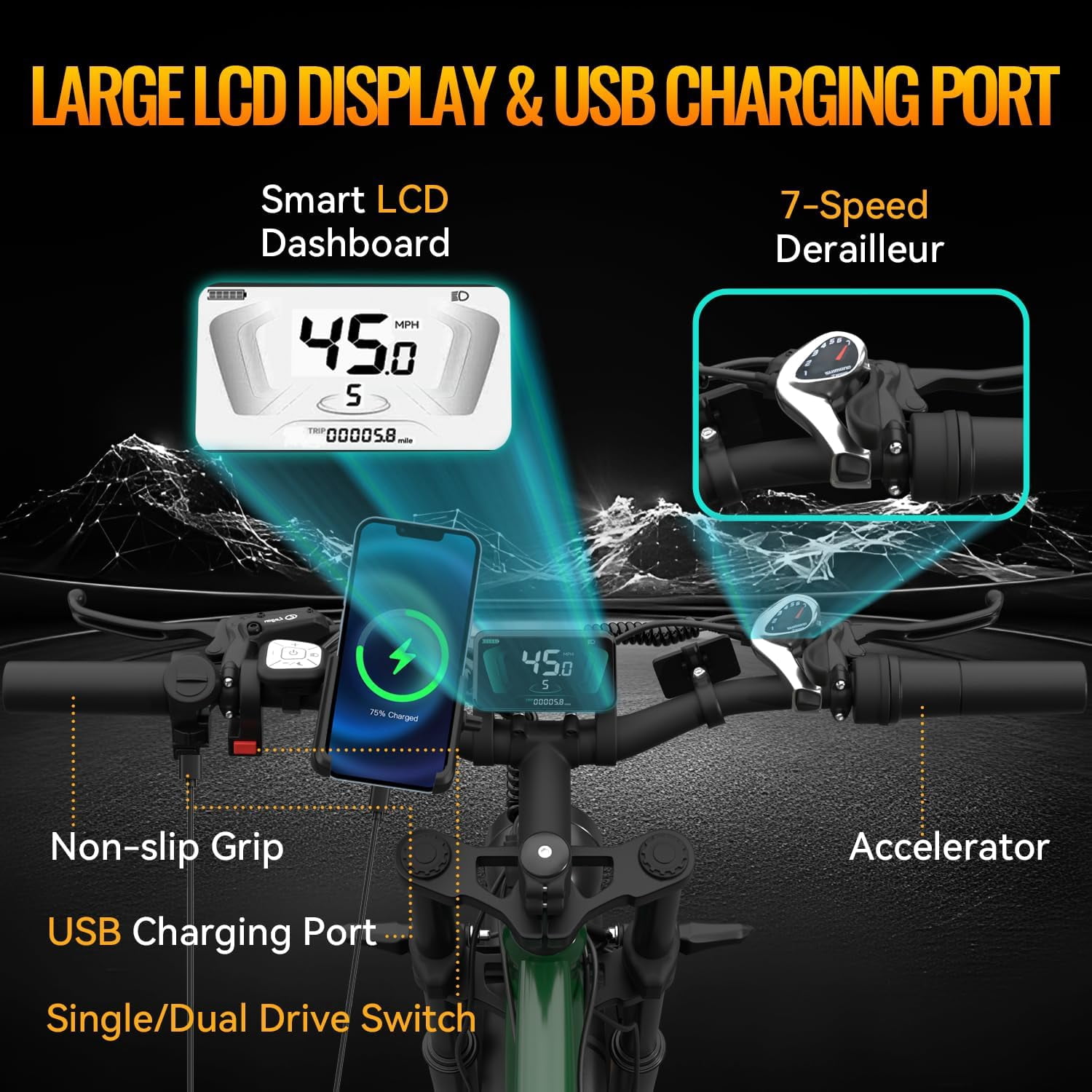 Electric Bike for Adults, Peak 5000W Motor 52V-25Ah, 26x4.0 Fat Tire E-Mountain Bicycle, Full Suspension Beach Snow 100 Miles Range Ebike UL2849