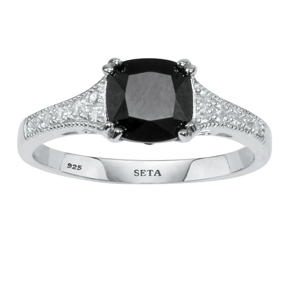 PalmBeach Jewelry .12 TCW Cushion Black Spinel and Cubic Zirconia Sterling Silver Engagement Ring
