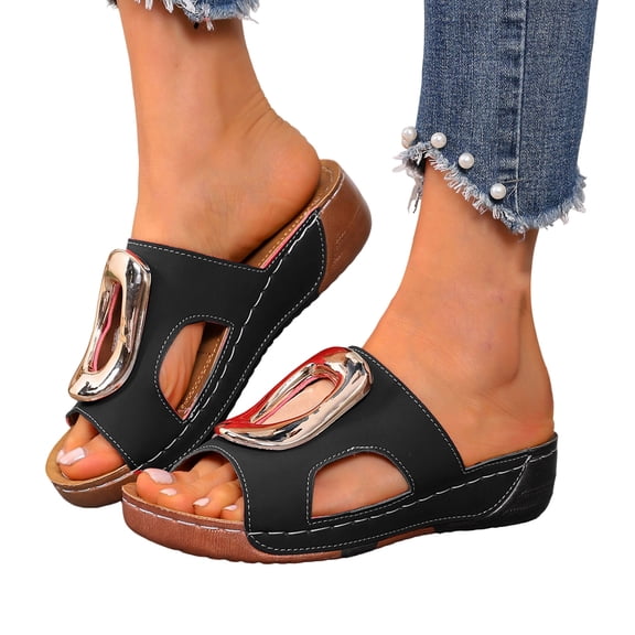 Rokment Women's Orthopedic Platform Wedge Slip on Sandals Trendy Casual Leather Metallic Chunky Mid Heel Dress Slides Comfortable Walking Slippers for Beach Summer Black Size 6