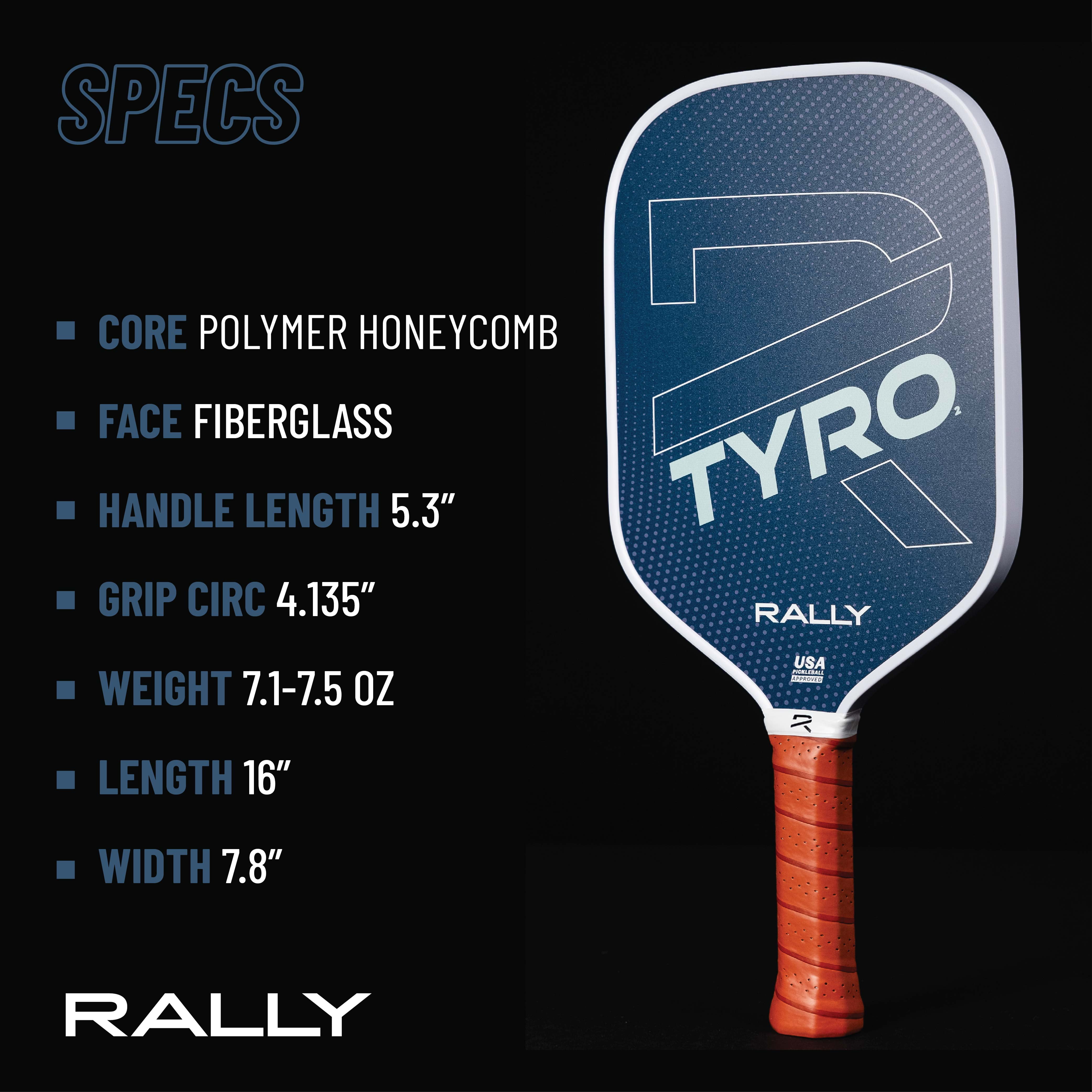 Rally Tyro 2 Pickleball Paddle – Lightweight 7.0-7.5 oz, Durable Polymer Core, Composite Face, 5" Handle for Extra Grip – Ideal for Beginners - Blue