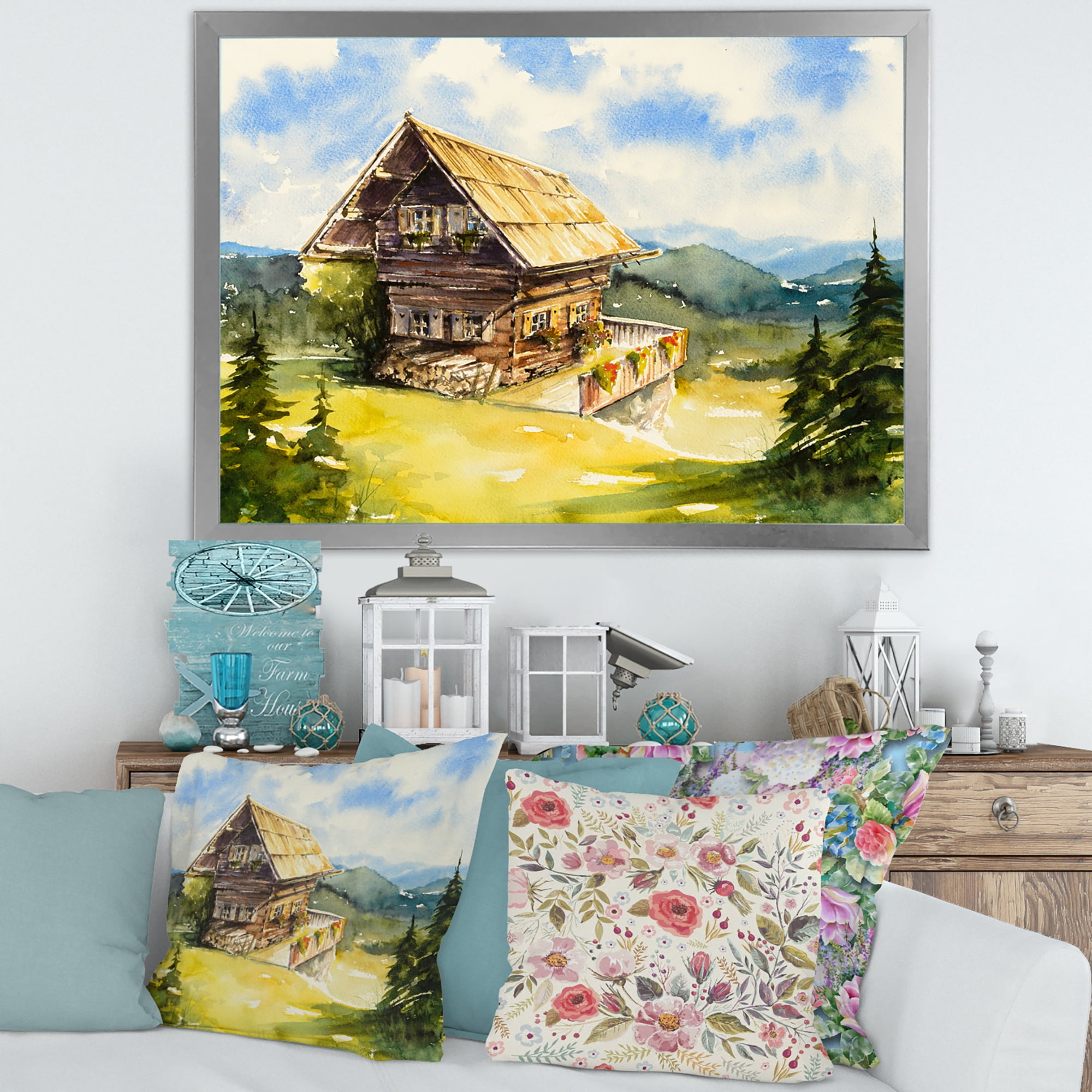 Designart 'Old Cottage At Summer With Peaceful Landscape' Traditional Framed Art Print