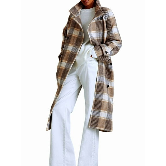 Women'S Plaid Trench Coat Elegant Lapel Collar Long Sleeve Belted Wool Blend Winter Overcoat Brown XXL
