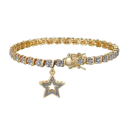 18K Yellow Gold Plated Diamond Accent Star Charm Tennis Bracelet, 7.25"