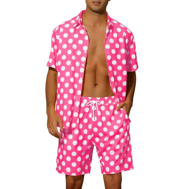 Conjunto hawaiano de puntos para hombres, camiseta de manga corta de verano, 2 piezas, color rosa