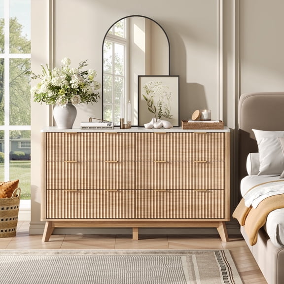 KeyWhat Fluted Dresser for Bedroom, Modern Wooden 6 Drawer Dresser, Storage Cabinet Chest of Drawers for Living Room, Natural Oak