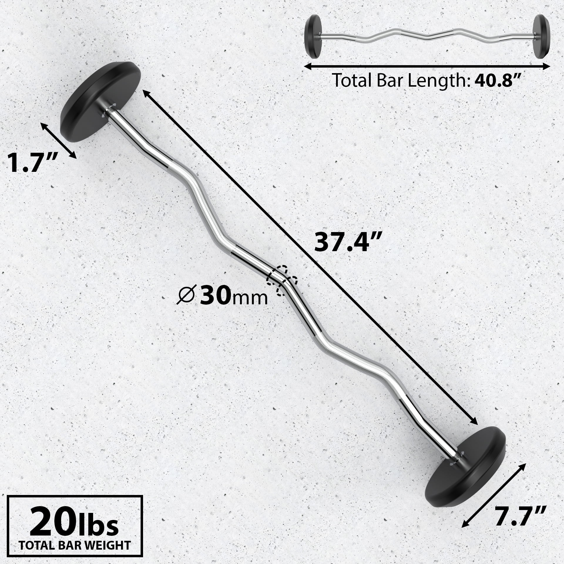 Synergee Fixed 20LB Easy Curl Bar Pre Weighted Curved Steel Bar with Rubber Weights - Fixed Weight