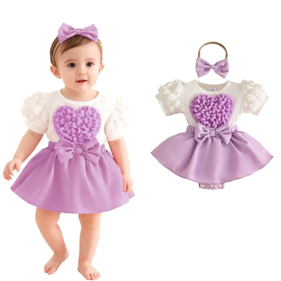Girls Valentines Day Outfit Short Sleeve Heart Embroidery Romper Tutu Dress with Bow Headband Set Cute Baby Girl Clothes 9-12 Months Old Outfit Girl