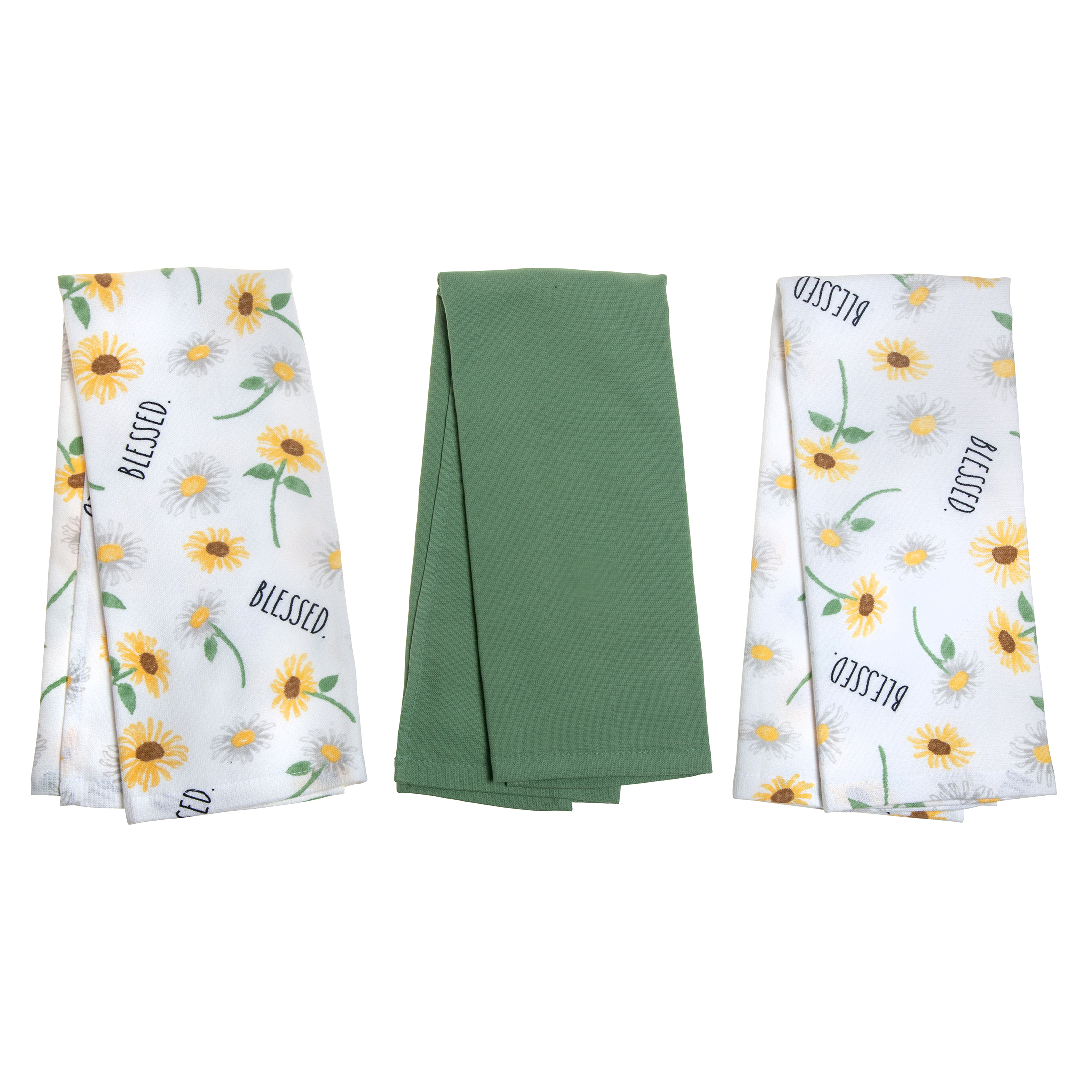 Rae Dunn Blessed Flower Kitchen Towel, White & Green, 3 Pack Set, 16" x 26"