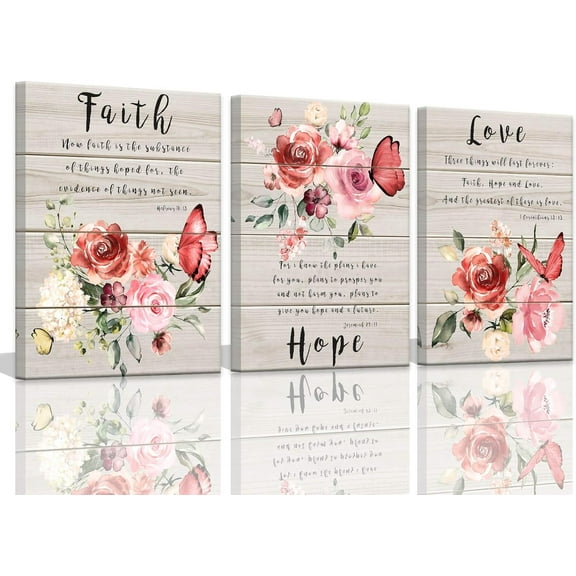 Wall Art for Bedroom Butterfly Wall Pictures Floral Paintings Faith Hope Love Quotes Inspirational Wall Art Watercolor Pink Flower Blossom Prints Bedroom Decor for Women Canvas Art 12x16inchx3pcs