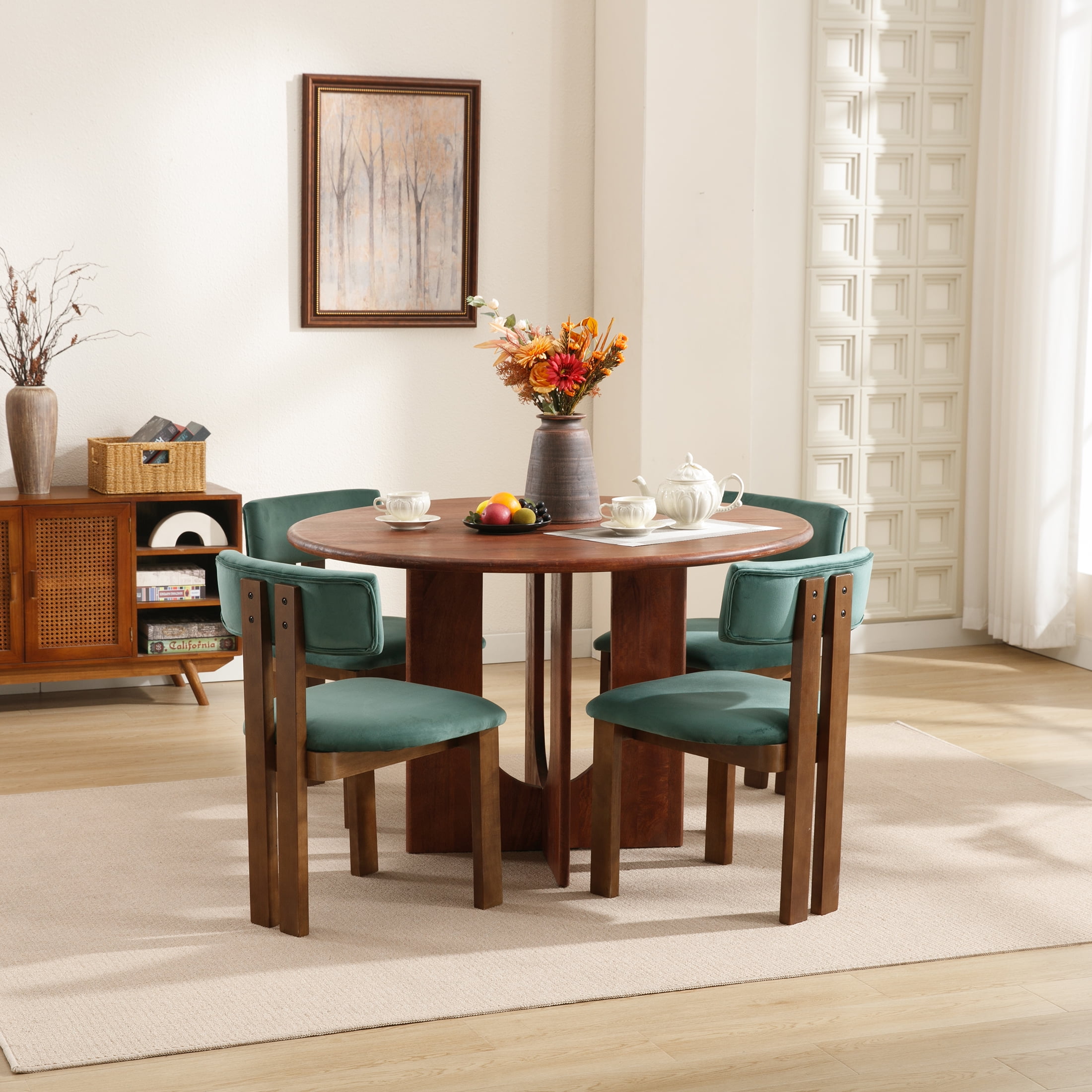 Guyou Wooden Dining Chairs Set of 2, Mid Century Modern Velvet Upholstered Dining Side Chairs, Farmhouse Kitchen Chairs with Curved Back for Kitchen Dining Room Living Room, Green