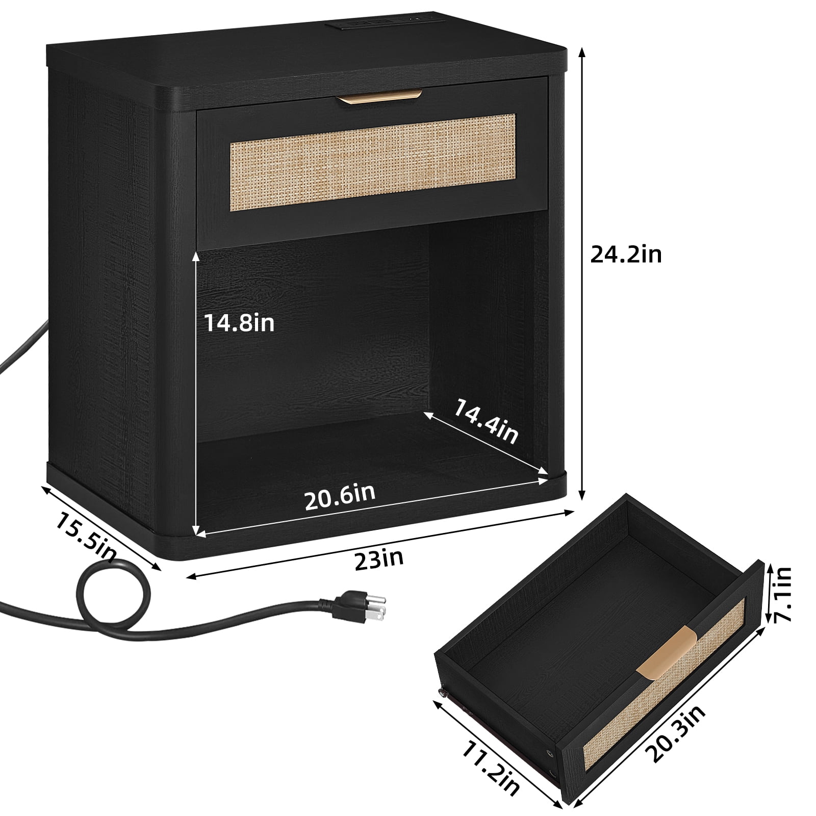 LELELINKY Rattan Nightstand with Charging Station, 23" Wide Boho Bedside Table with Drawer and Shelf for Bedroom, Living Room, Black