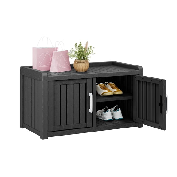 Nihsuao 2-Tier Outdoor Shoe Storage Cabinet, Waterproof UV-Resistant Entryway Storage Bench with 2 Barn Doors, Detachable Shelves for Entryway, Bedroom, Black