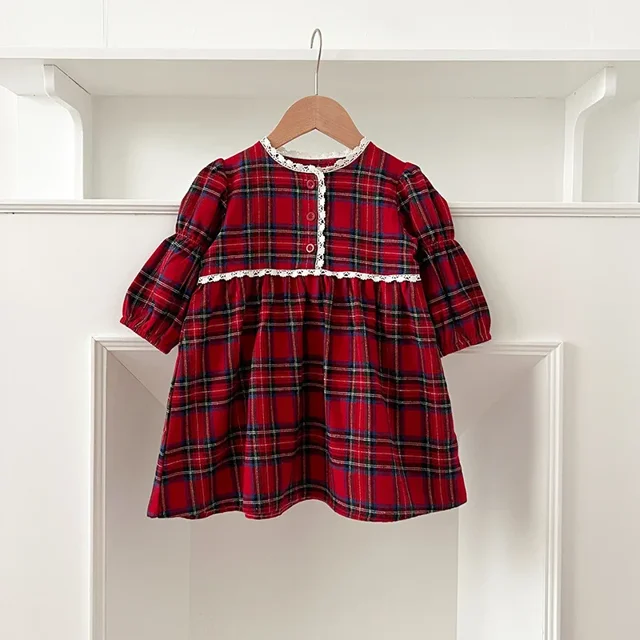 Traje de hermanas para niñas, mono a cuadros rojo para niñas, nuevo estilo de primavera, vestido de manga larga para niños, ropa de una pieza para niños