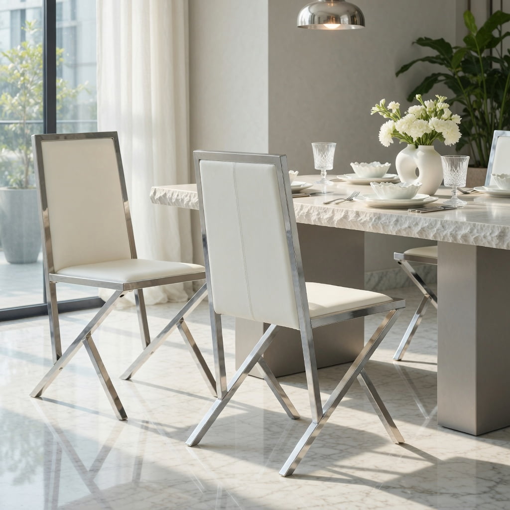 Hommoo 2-Pack Modern PU Leather Dining Chairs with Metal Frame, Ergonomic Design, Easy Assembly & Anti-Slip Adjustable Feet, White & Sliver
