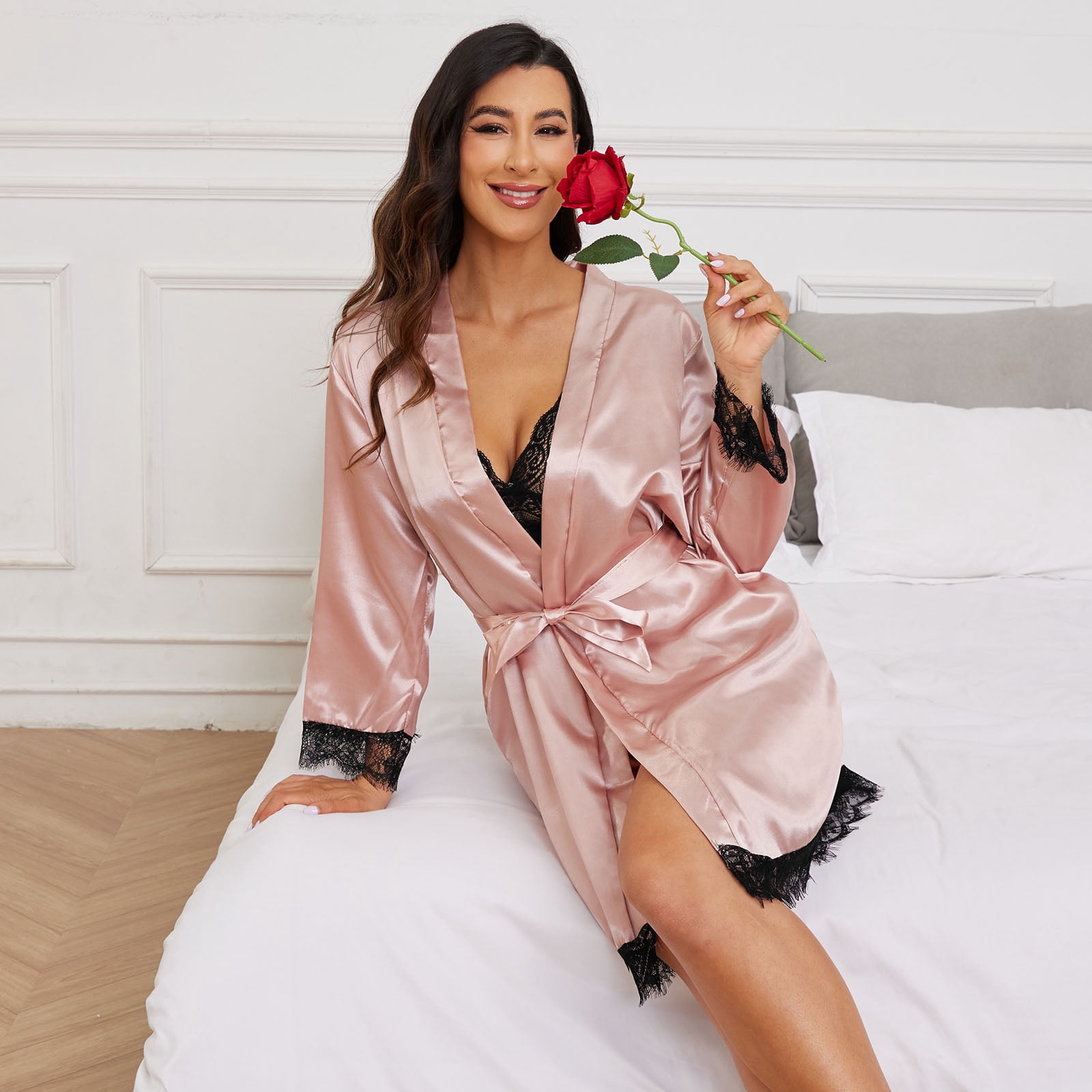 Sexy Lingerie, LOFIR Sexy Lingerie for Women, Womens Summer Pajamas Pjs Sets of 4 Pcs with Floral Lace Top Shorts and Robe, Gift for Women, Pink, L
