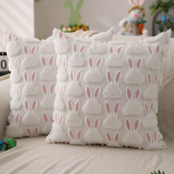 TETOU Easter Pillow Covers,18"x18"Set of 2 Pink Ears White Rabbit Soft Plush Faux Fur Jacquard Throw Pillows for Easter Bedroom Sofa Holiday Festivals Home Decoration