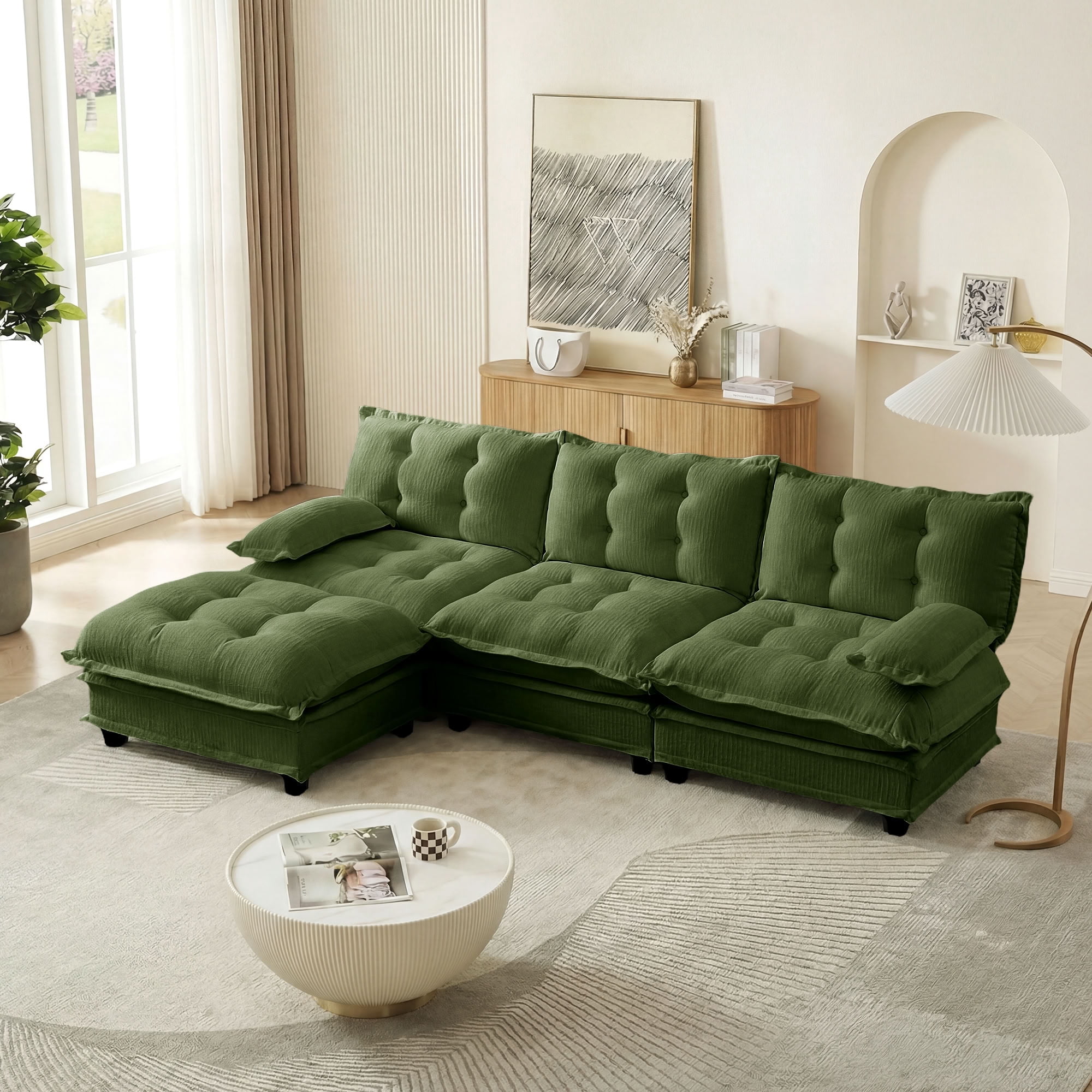 MAYEERTY 107 Inch Cloud Modular Sectional Sofa, L-Shaped 3-Seater Chenille Couch, Solid Wood & Metal Frame for Home Living Room