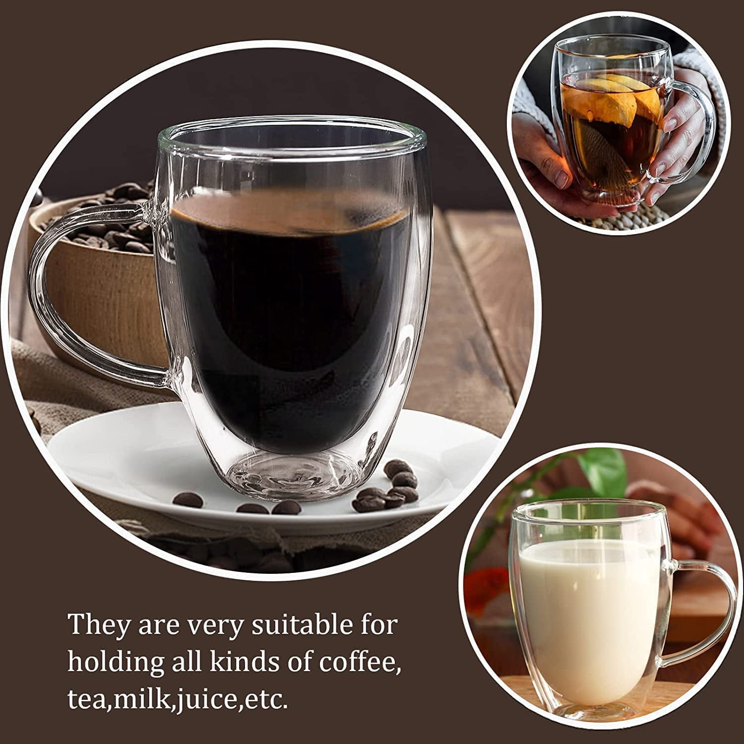 2-Pack 15 Oz Double Walled Glass Coffee Mugs with Handle,Large  Insulated Layer Coffee Cups,Clear Borosilicate Mugs,Perfect for  Cappuccino,Tea,Latte,Espresso,Hot Beverage,Wine,Microwave Safe: Espresso  Cups