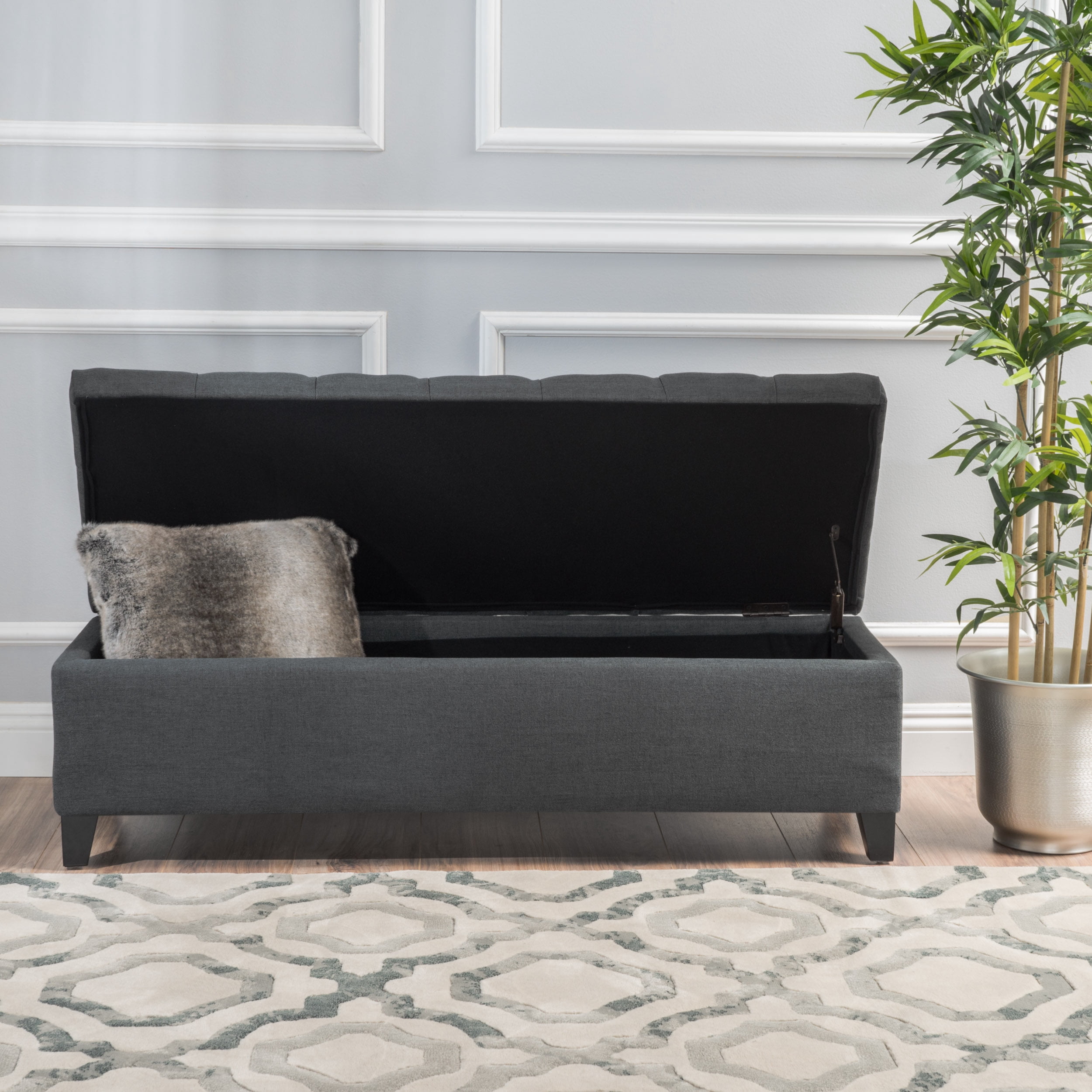 Noble House Paskal Contemporary Button-Tufted Fabric Storage Ottoman Bench, Dark Gray and Dark Brown