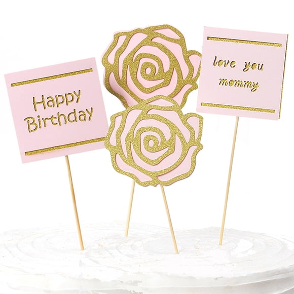 Coofit 4PCS Cake Topper Set Glitter Rose Flower Cake Pick Cake Decor for Mother's Day