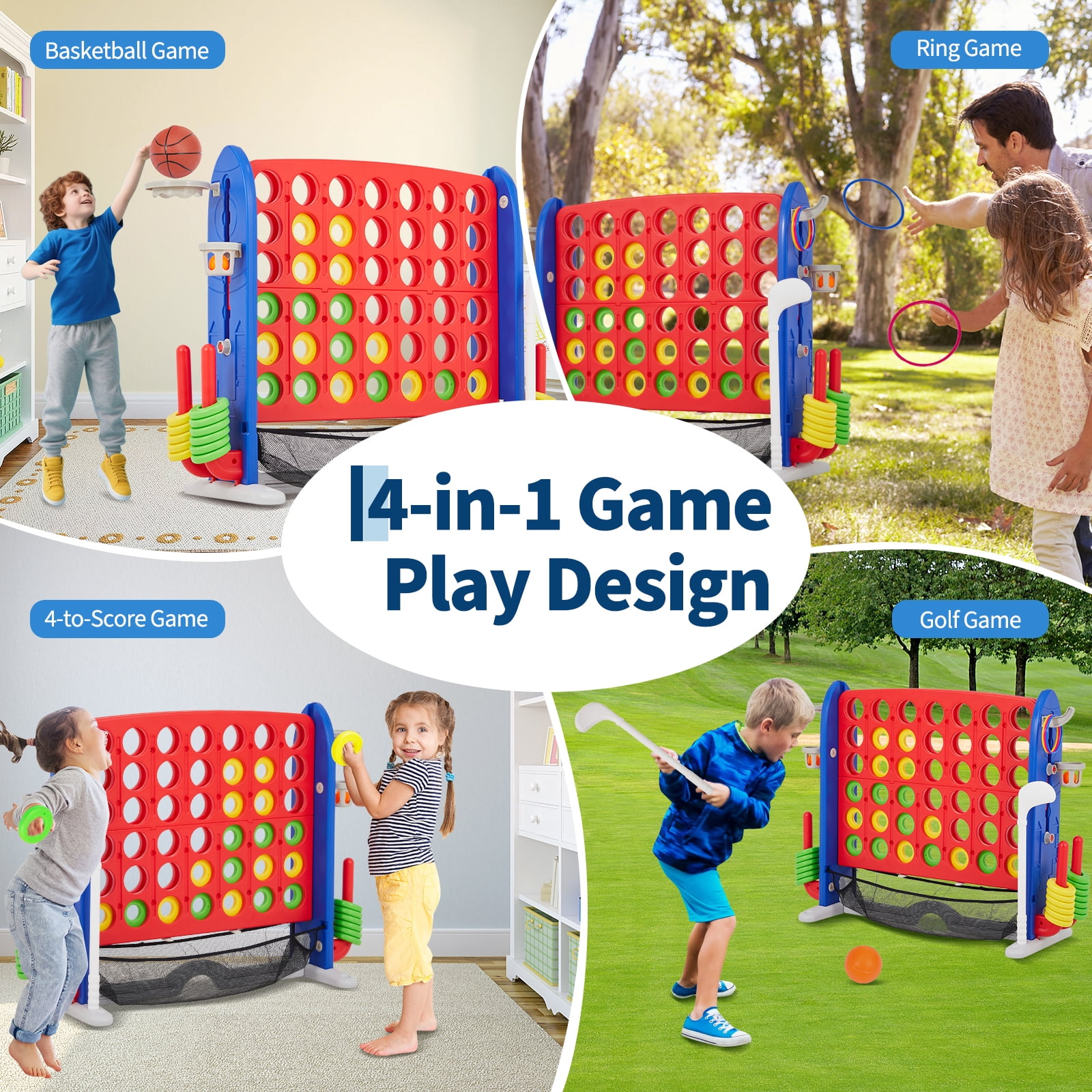 4-in-1 Giant Floor Board Game Set – Adjustable Height Connect, Basketball, Golf, Ring Toss – Mesh Storage Bag – Indoor/Outdoor Family Game for Kids & Adults – USA Version