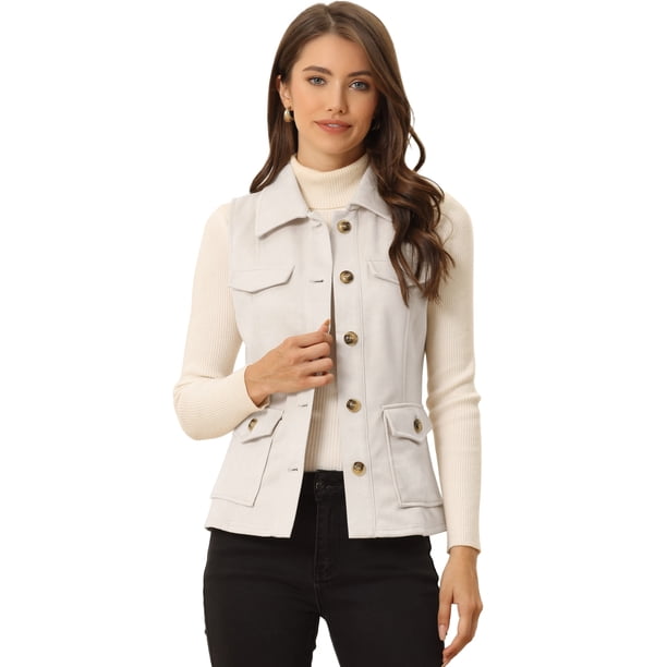 Chaqueta sin mangas rústica para mujer con botones y botones tipo anorak estilo cargo de ante sintético Beige L