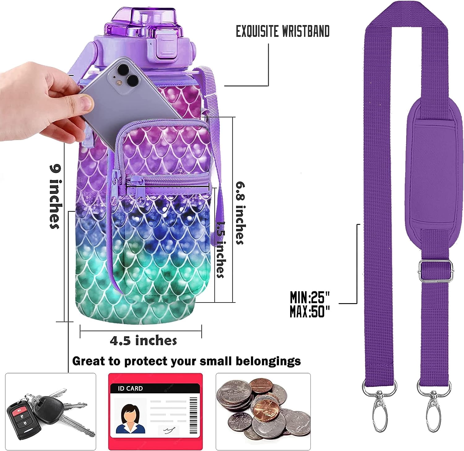 Half Gallon Water Bottle with Sleeve Water Bottle 64 Oz Water Bottle with Time Marker, 1/2 Gallon Water Bottles Half Gallon Water Bottle with Straw and Gym Yoga 1/2 Gallon Water Jug for Women Mermaid