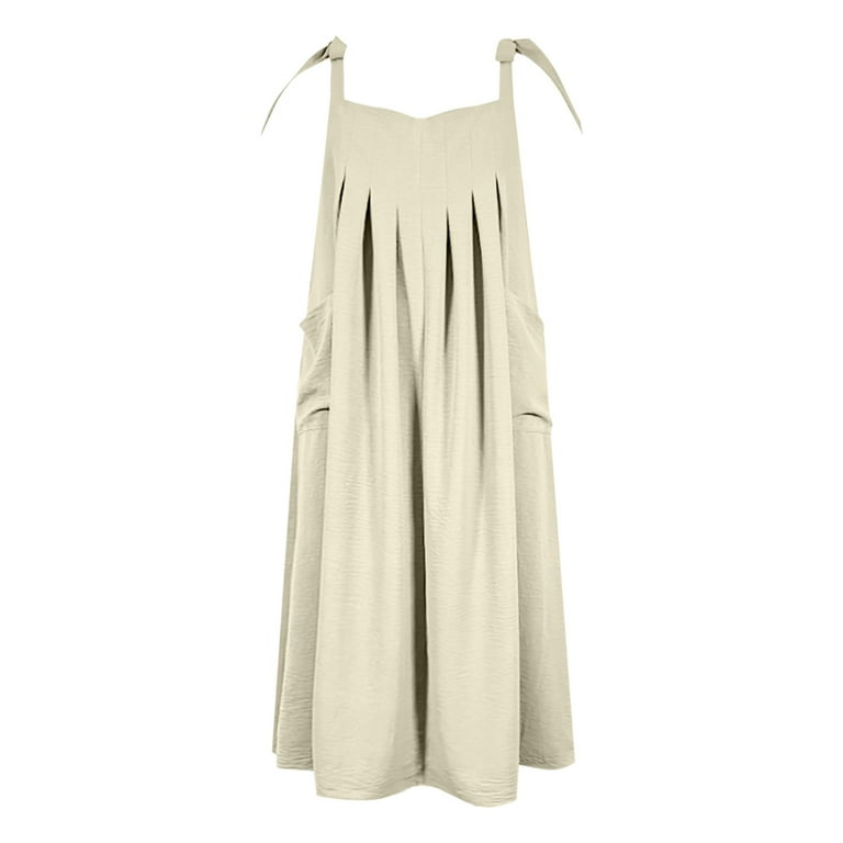 PFWOWB Beige Womans Dresses Plus Size Womens Bib Overall Dress Loose Linen Adjustable Straps Suspender Pinafore Maxi Dress with Pockets